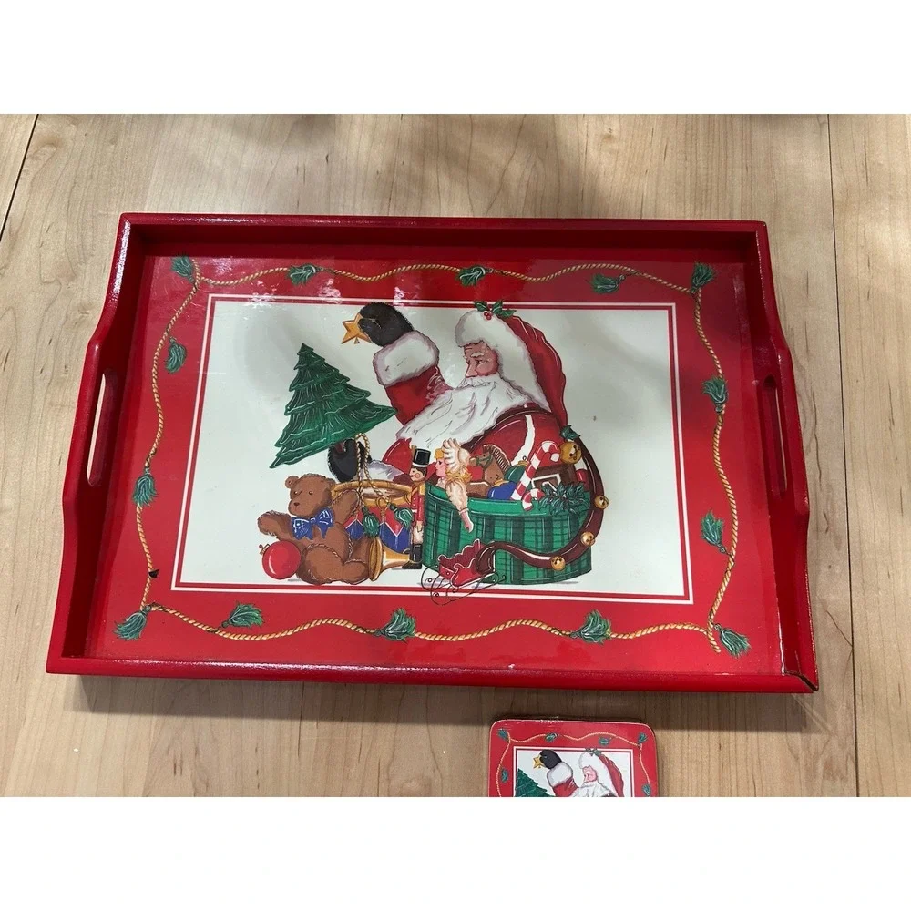Holly Tree Christmas Santa Tray and Coaster Set Vintage Holiday Decor Red